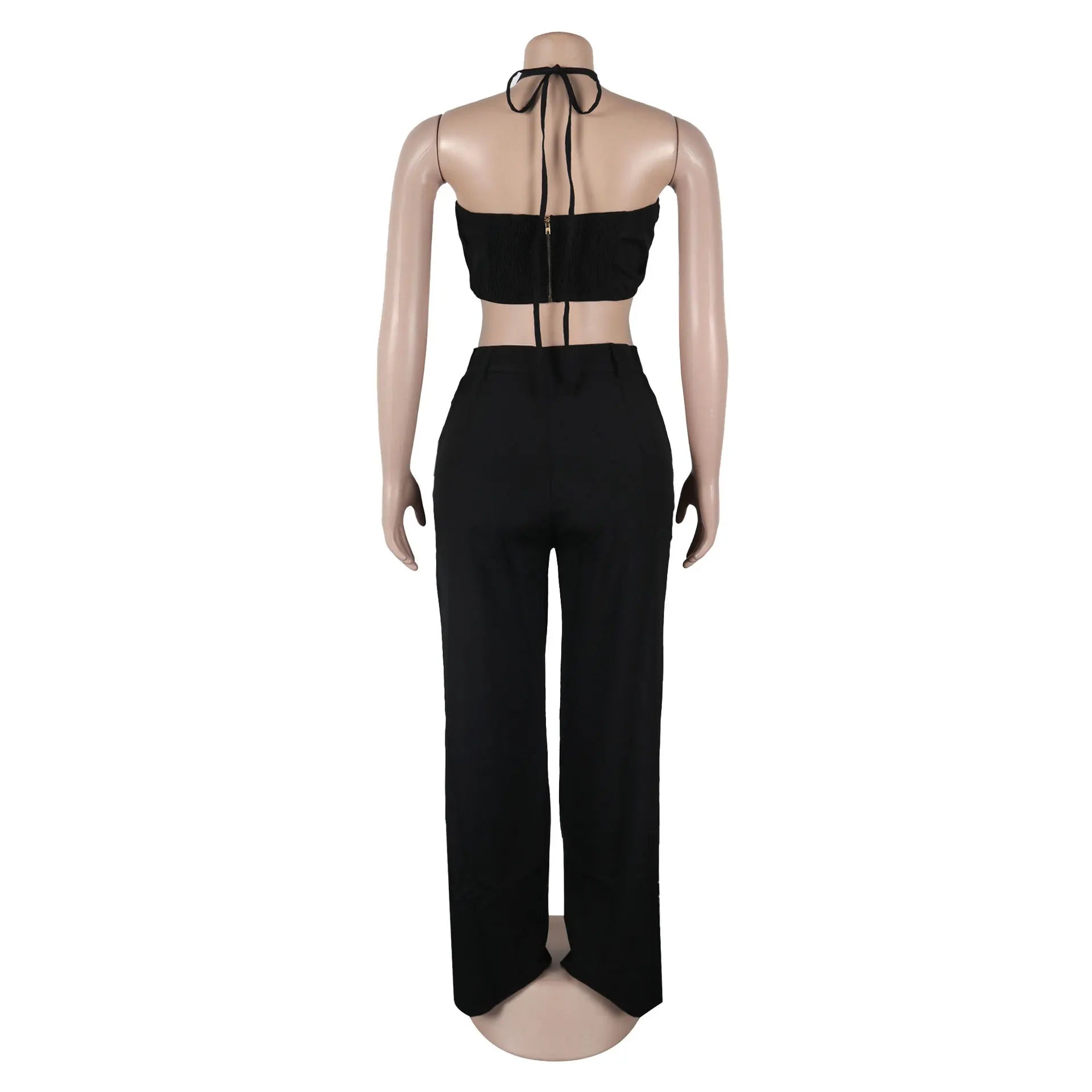 Metal Ring Hollow Out Two Piece Set Women Sexy Strapless Lace Up Halter Backless Crop Tops + Wide Leg Pants Casual Street Suits