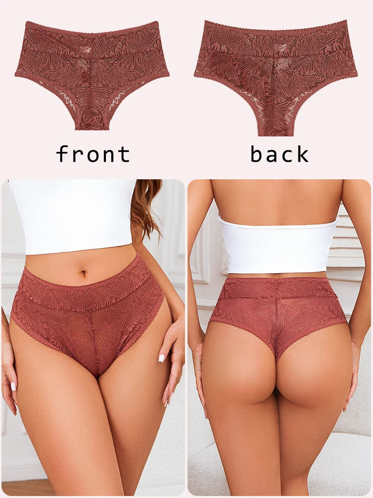 6pcs Women's Sexy Lace Panties Seamless High Waist Transparent Briefs Solid Color Hollow Breathable Female Underwear Large size