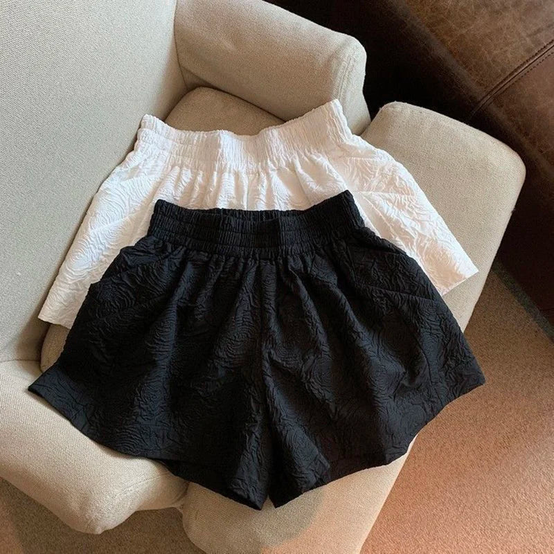 Lucyever Black White Jacquard Shorts Women 2022 Summer Elastic High Waist Pockets Wide Leg Shorts Woman Streetwear Half Pants