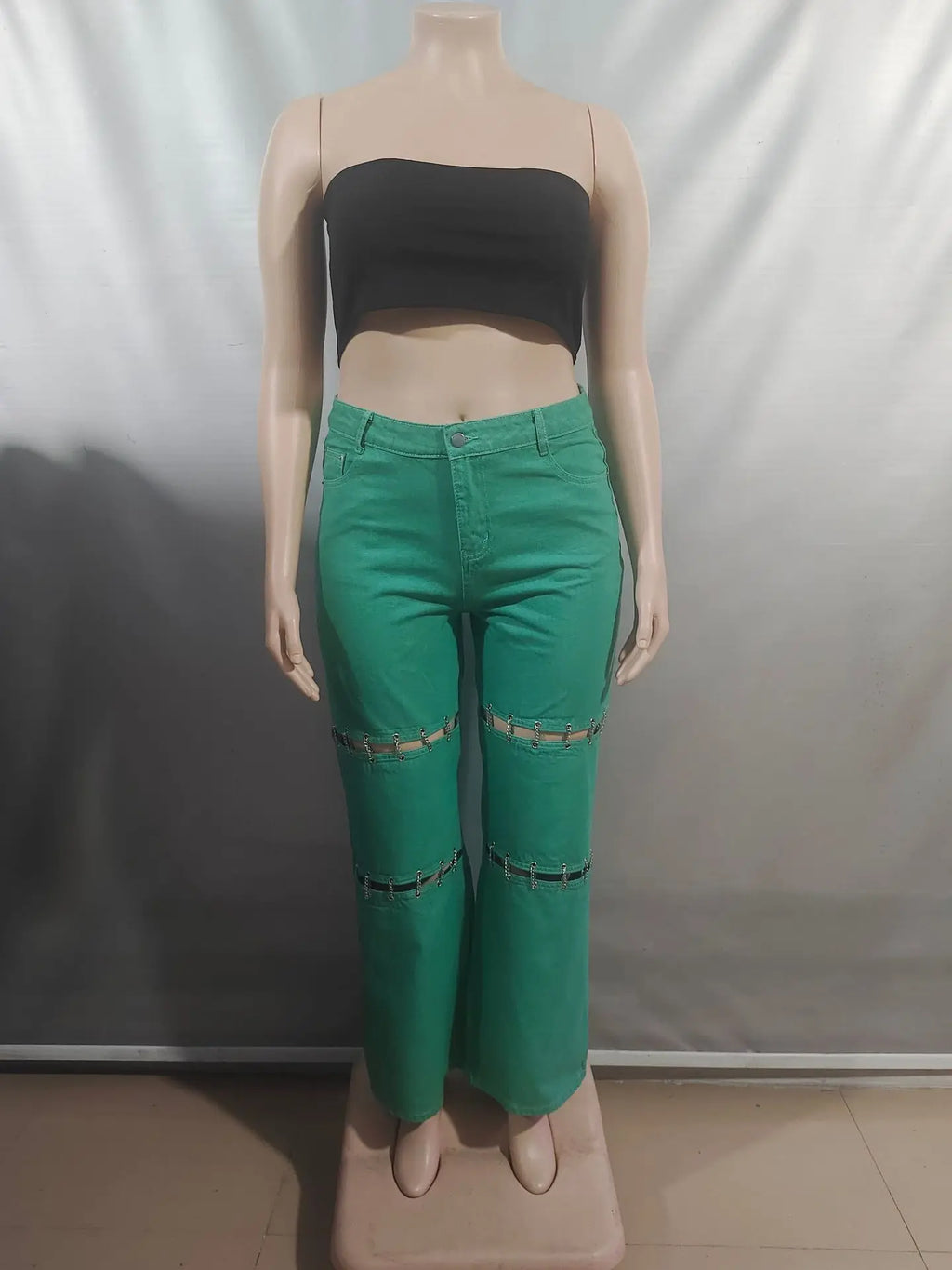 High Waist Green Ripped Chain Decoration Patchwork Wide Leg Denim Pants Women Fashion Casual Personality Trendy Long Trousers