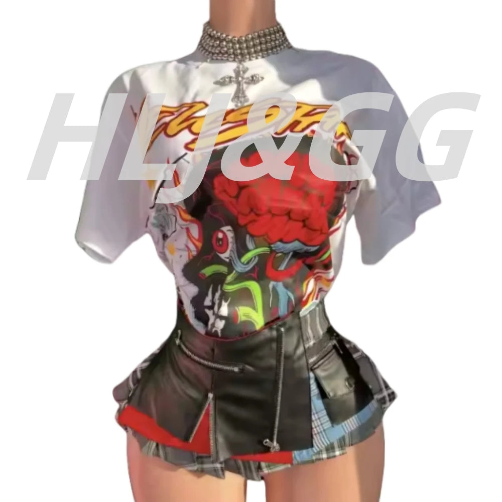 HLJ Trend Fashion Pattern Printing Tshirts Two Piece Sets Women Short Sleeve Top+Irregular Plaid Mini Skirts Outfits Streetwear
