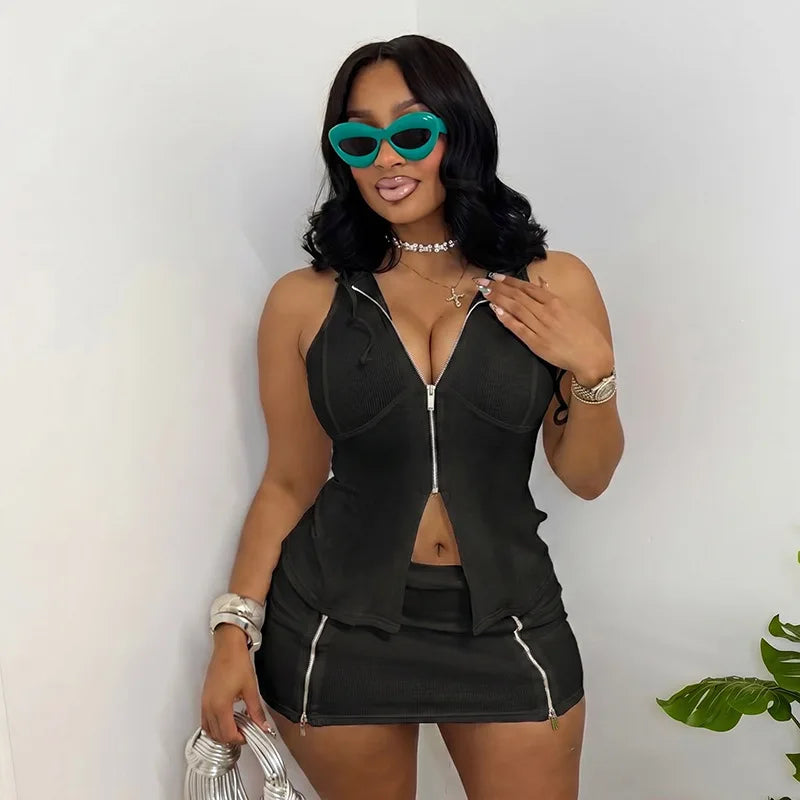 Women Solid Casual 2 Piece Set Tracksuits Zip-up Sleeveless Hooded Tanks Tops + Zippers Bodycon Mini Skirts Streetwear Suits