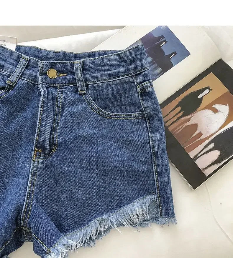 2026 New Summer Women High Wiast Raw Hem Denim Shorts Soild White Black Blue Korean Wide Leg Pants Mon Shorts  Jean Shorts