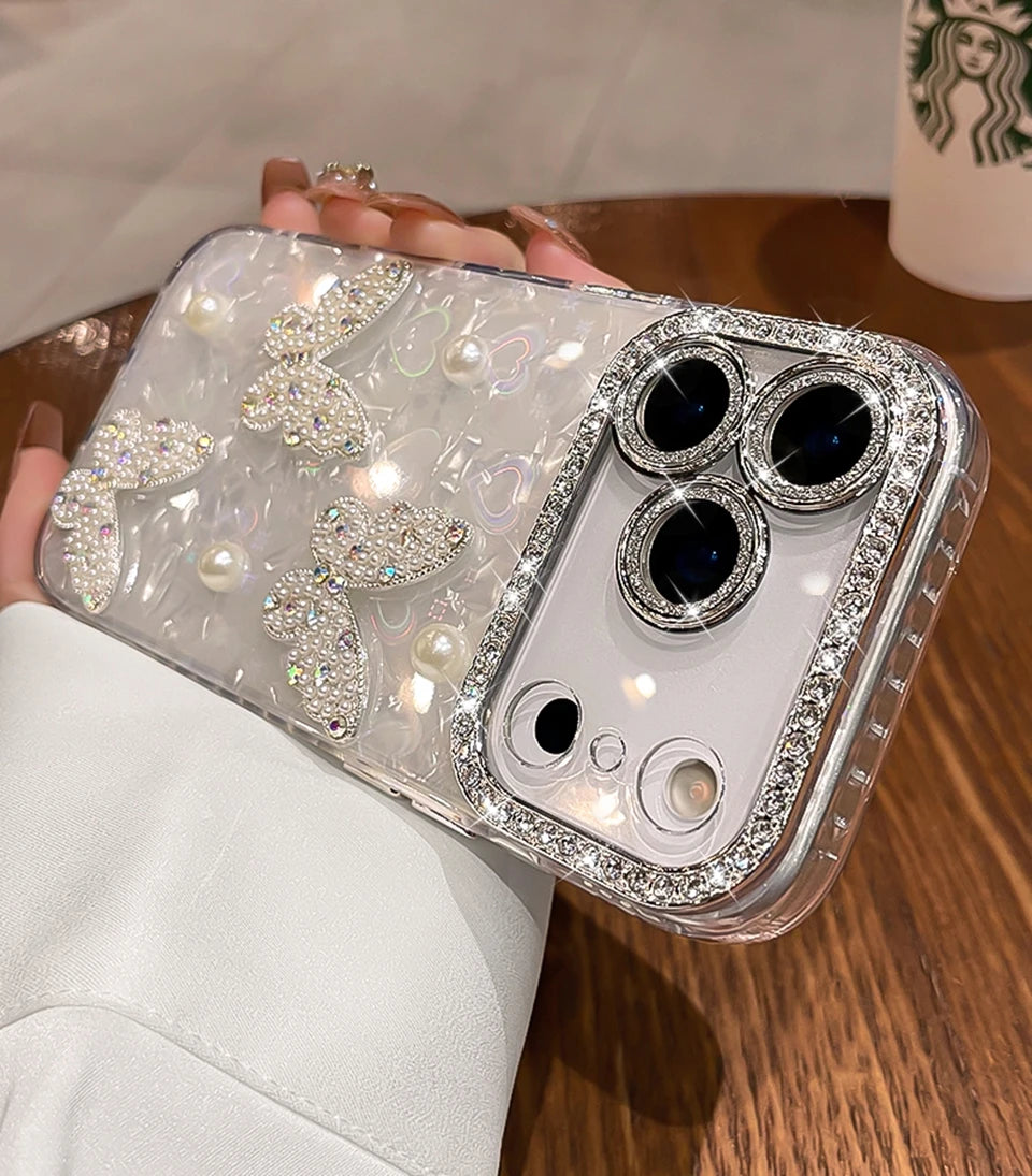 Diamond Bling Glitter Phone Case For iPhone 17 Air 11 12 13 16 Pro Max 15 14 16 Plus 17Pro Max Cute Butterfly Protector Cover