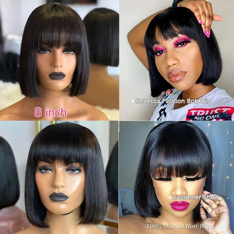 Short Bob Wig With Bangs Glueless Human Hair Wig Ready to Go Straight Hair Bob Wigs Brazilian Remy Full Machine Wigs for Women
