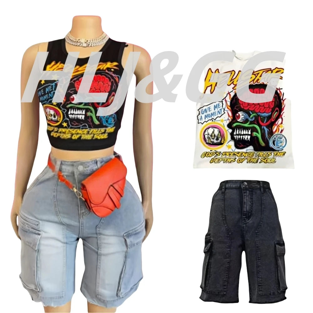 HLJ&GG Y2K Hot Girl Fashion Pattern Print Two Piece Sets Women O Neck Sleeveless Top And Denim Cargo Shorts Outfits Streetwear