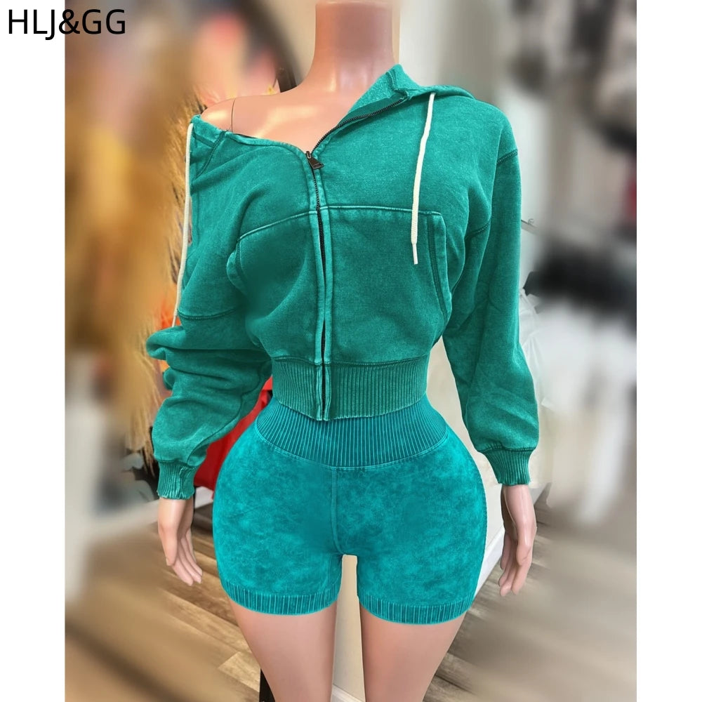 HLJ&GG High Quality Washed Casual Zip Hooded Two Piece Sets Women Long Sleeve Top+Biker Shorts Outfits Fashion Sporty Streetwear