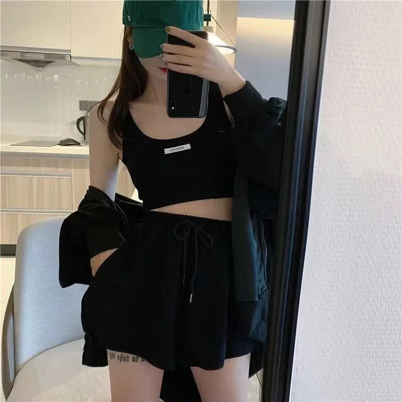 Shorts Three 3 Piece Sets Women Casual Vest Drawstring Short Hooded Zipper Jacket Sportswear Suits Y2k Streetwear Sports Hoodies