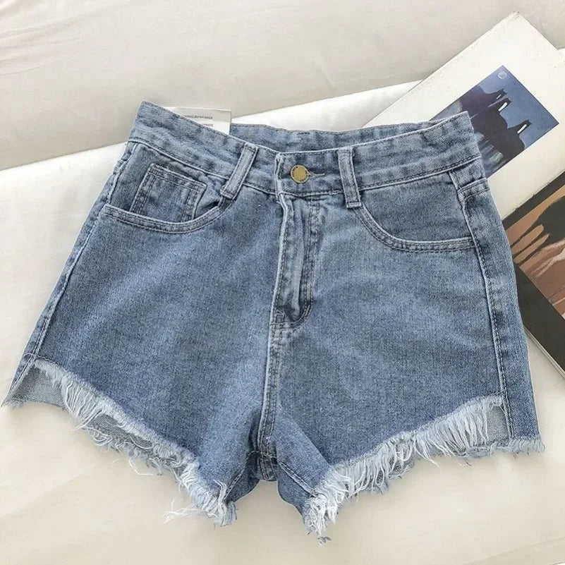 2026 New Summer Women High Wiast Raw Hem Denim Shorts Soild White Black Blue Korean Wide Leg Pants Mon Shorts  Jean Shorts