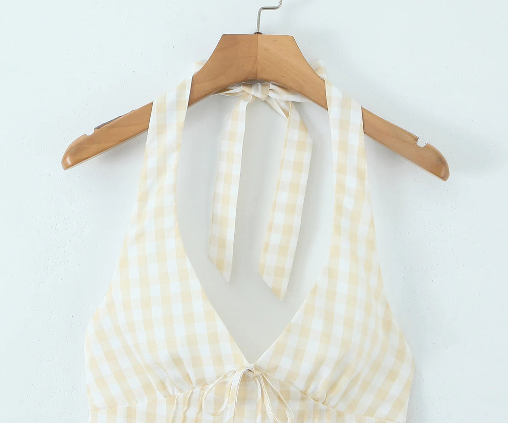 2025 Sexy Plaid Corset Style Bow Halter Sling Dress Women Lacing Up Bandage Back Slim Waist Mini Ball Gown Swing Dresses Robe
