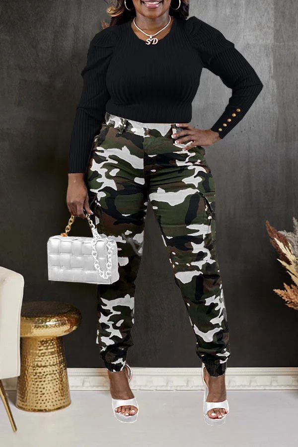 CM.YAYA Women’s Camouflage Printed Slim Cargo Pants 2024 Spring/Summer Pocket Jogger Street Fashion Safari Trousers
