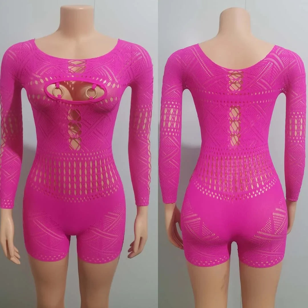 Women's Sexy Long Sleeve Jumpsuit See Through Outfit Sheer Mesh Hollow Out Night Club Short Romper