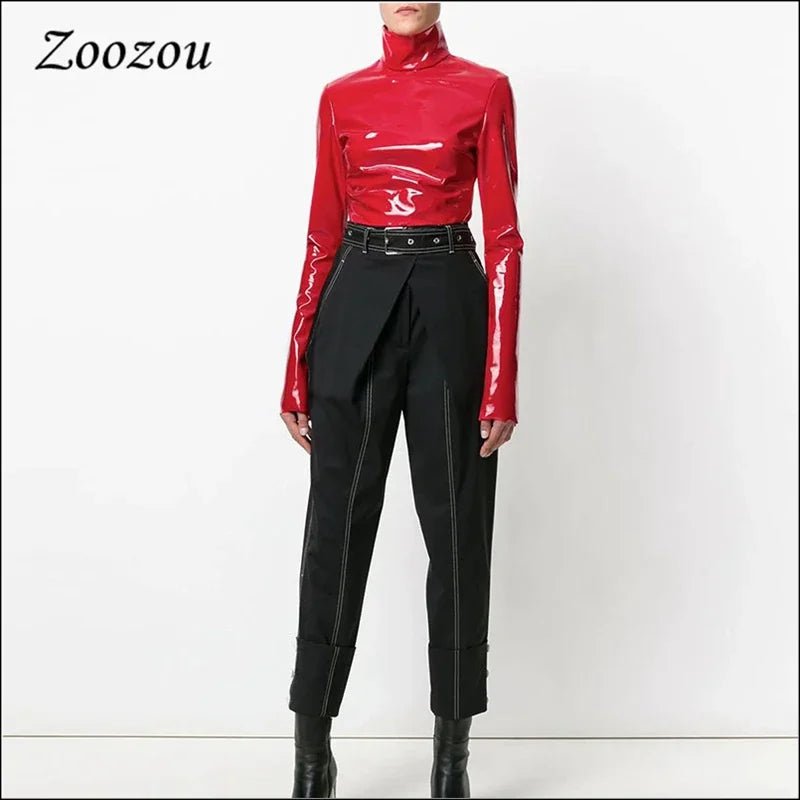 Women Shiny Faxu Leather Plus Size Turtleneck Tops Ladies Glossy Zipper PVC Pullover Black Red PU Leather 4XL 5XL 6XL Clothes