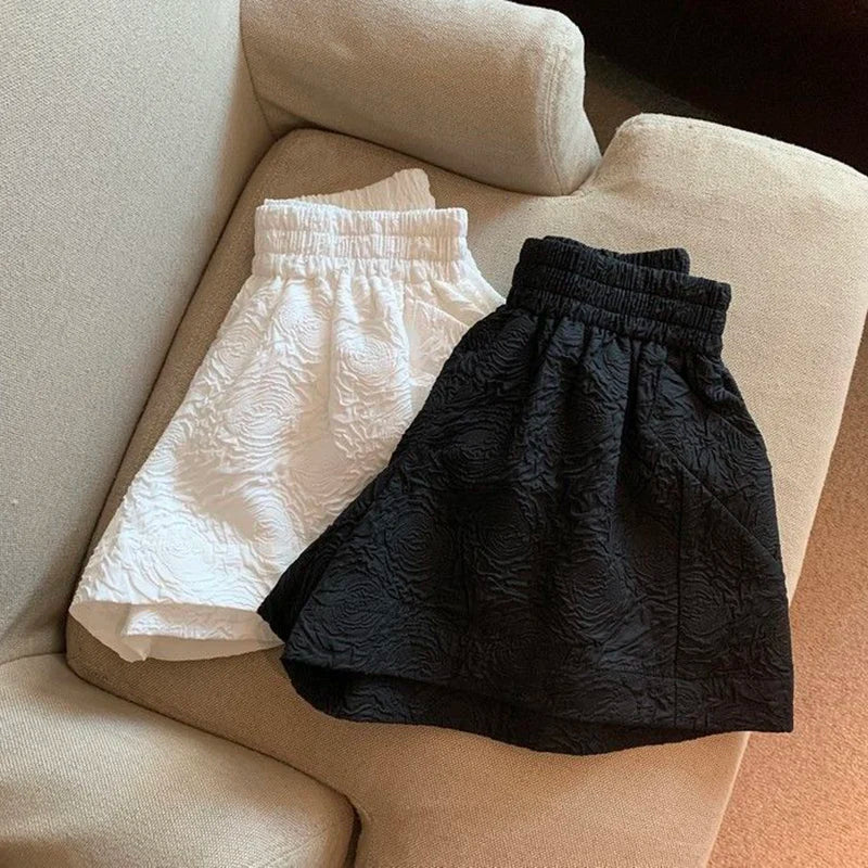 Lucyever Black White Jacquard Shorts Women 2022 Summer Elastic High Waist Pockets Wide Leg Shorts Woman Streetwear Half Pants