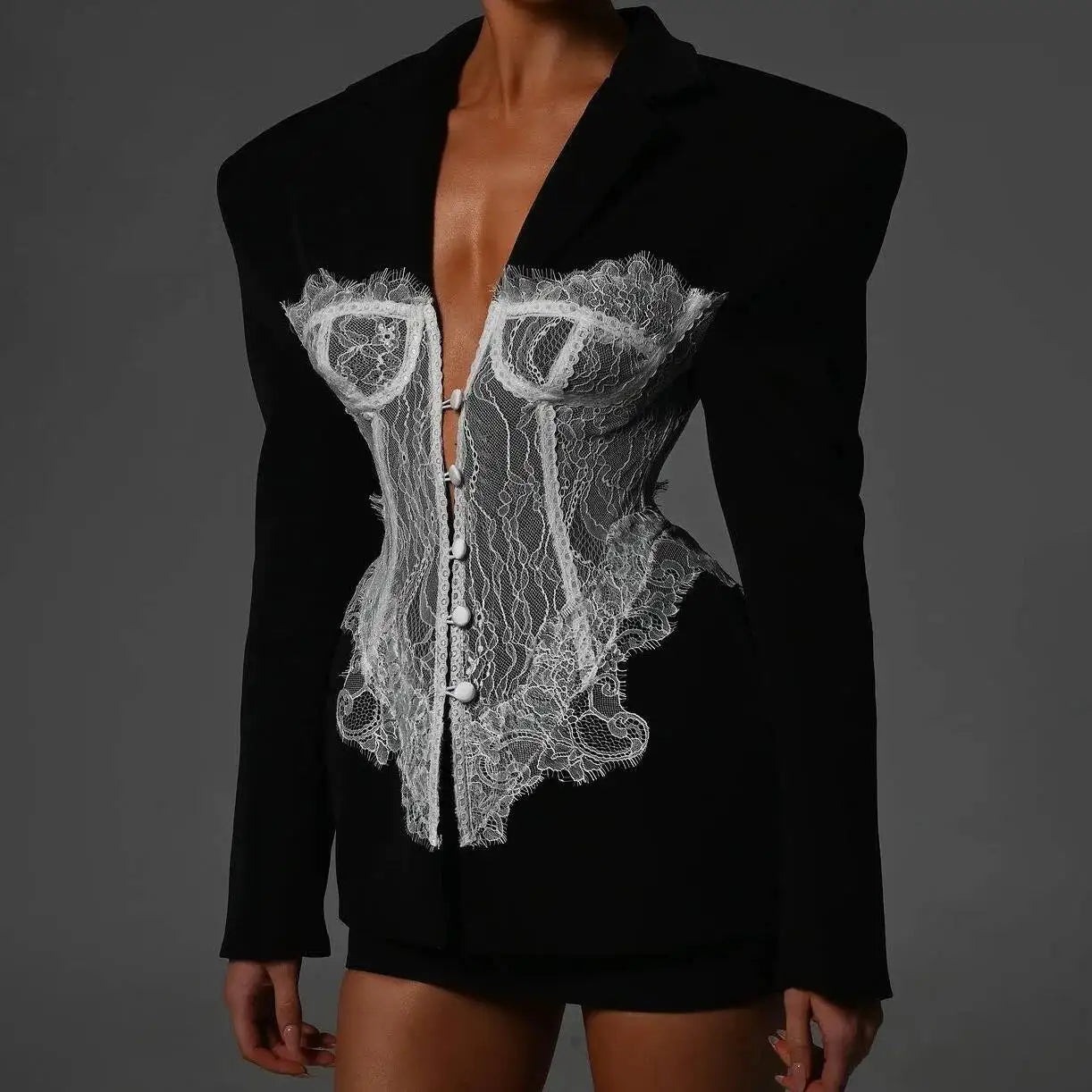 DEAT Fashion White Lace Patchwork Blazer Women's Notched Collar Slim Fit Long Sleeves Single Breasted Suit Jacket New Tide