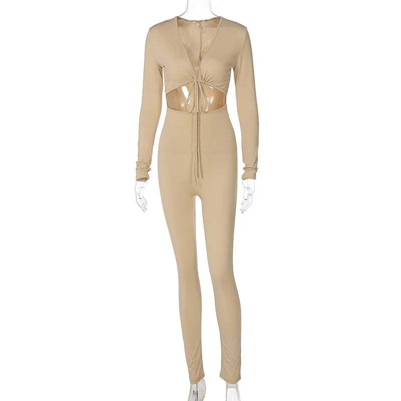 Summer Y2K Streetwear Women's Sexy Hollow Out Jumpsuits Bandage Tie Long Sleeve Bodycon Playsuits Women Clothes Gothic Rompers