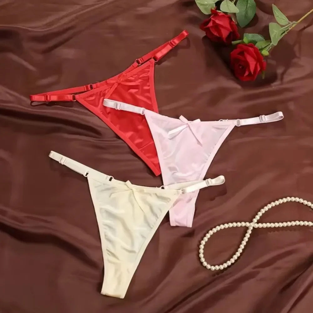 New Adjustable Girls G-Strings Pants Satin Cotton Crotch T-Back Women's Sexy Thin Strap Bow Underwear Plus Size