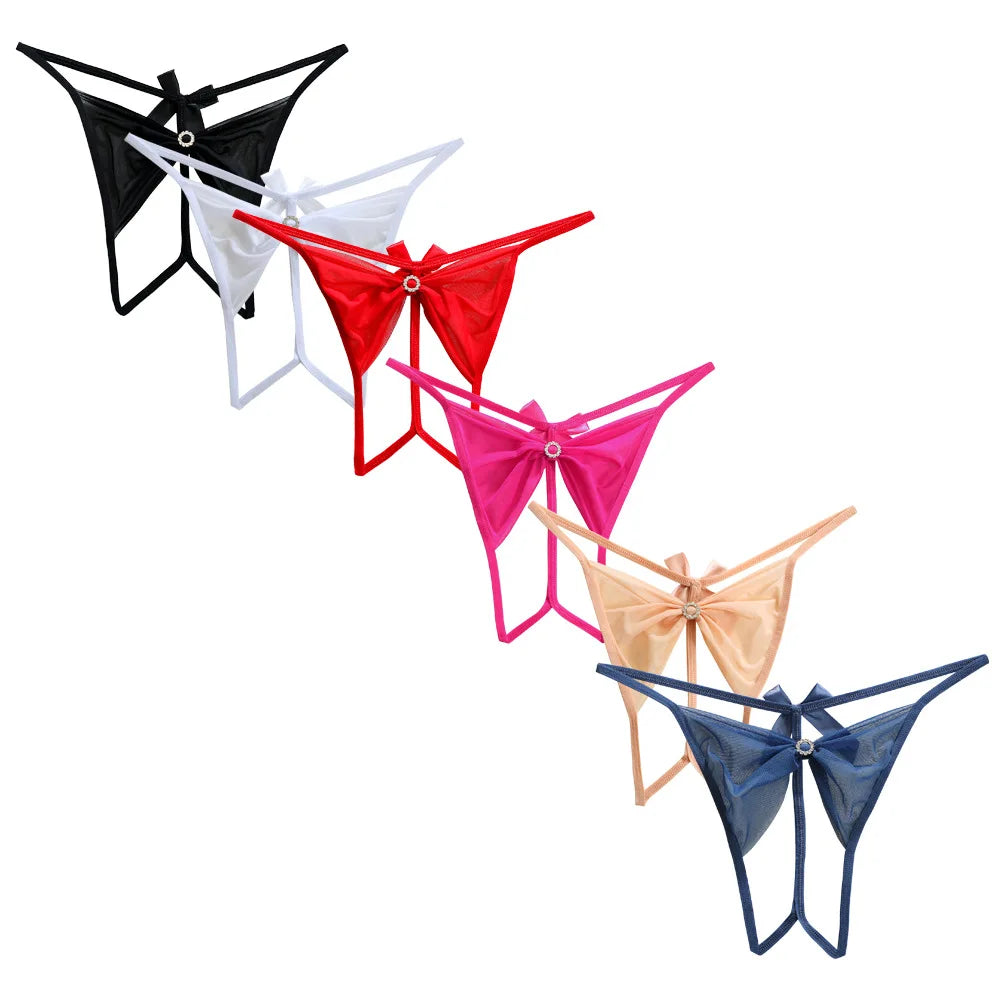 Women Sexy Rhinestone Panties Low Waist Bow G-strings Women's Hollow Out Seamless Panties Female Open Crotch Thongs Underpants