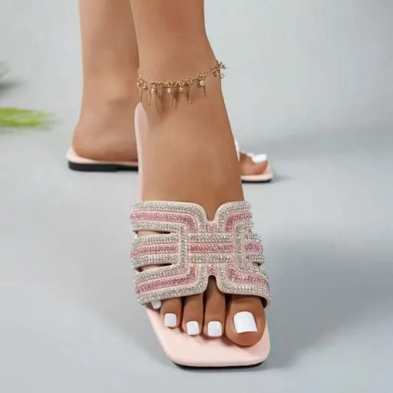 2025 Summer Women Rhinestone Slippers Outdoor Slippers Fashion Non-Slip Beach Shoes Comfortable Square Heel Sandals Slides Women
