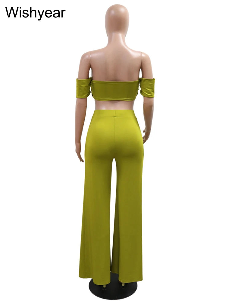 New Sexy Strapless Crop Tops and High Split Wide Leg Pants Green Two 2 Pieces Women Birthday Outfit Matching Set Night Clubwear