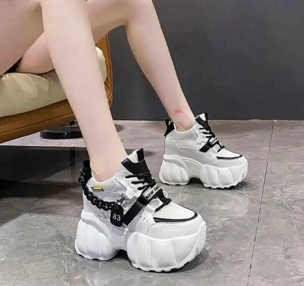 NEW Breathable Mesh 10CM Chunky Sneakers for Women Non Slip High Platform Sports Dad Shoes Woman Lace Up Thick Sole Casual Shoes