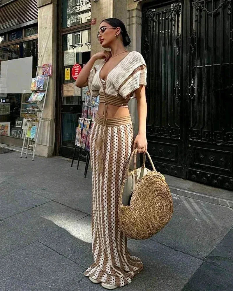 Striped Knitted Two Piece Set Women Outfit Y2K Clothes Clubwear Party Hollow Out V-neck Crop Top and Long Skirt Maxi Dress Sets
