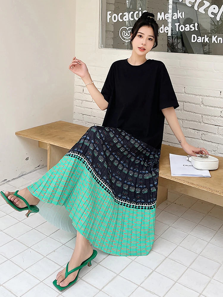 NYFS 2026 Summer New Korean Woman Dress Vestidos Robe Elbise Loose Plus Size Short Sleeve Patchwork Two Fake Pieces Long Dresses