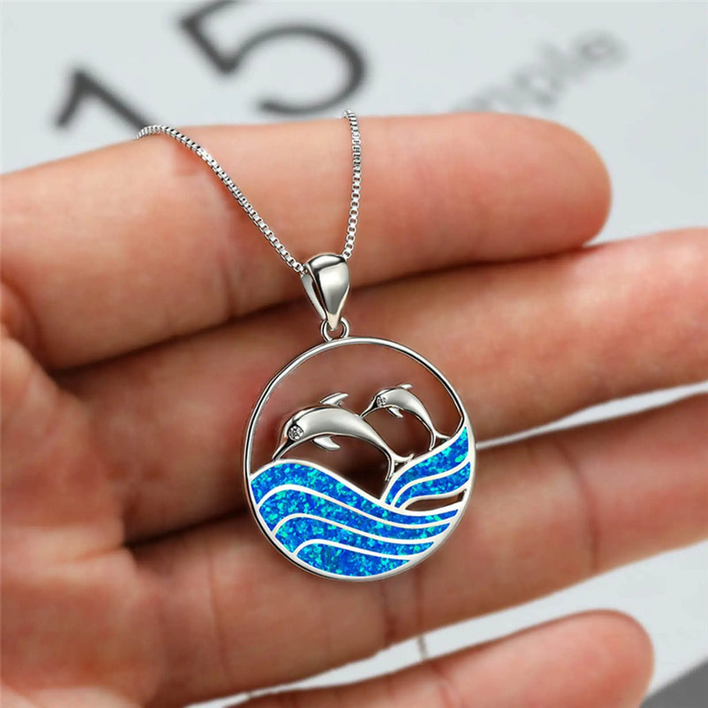 Boho Cute Sea Dolphin Pendant Necklace for Girl Statement Women Accessories Fashion Imitation Blue Opal Necklace Jewelry Gifts