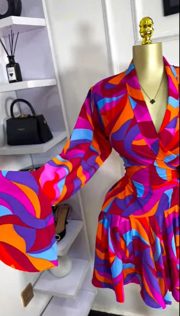 Elegant Women Tie Dye Print Flare Long Sleeve Wrap V-neck with Sashes Ruffle Dress 2026 Elegant Vacation Party Birthday Dresses