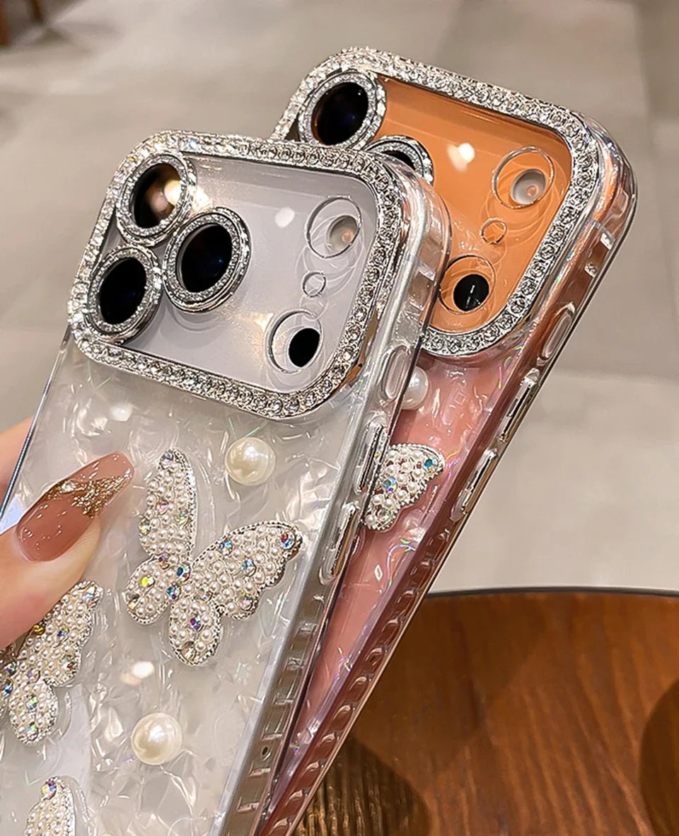 Diamond Bling Glitter Phone Case For iPhone 17 Air 11 12 13 16 Pro Max 15 14 16 Plus 17Pro Max Cute Butterfly Protector Cover