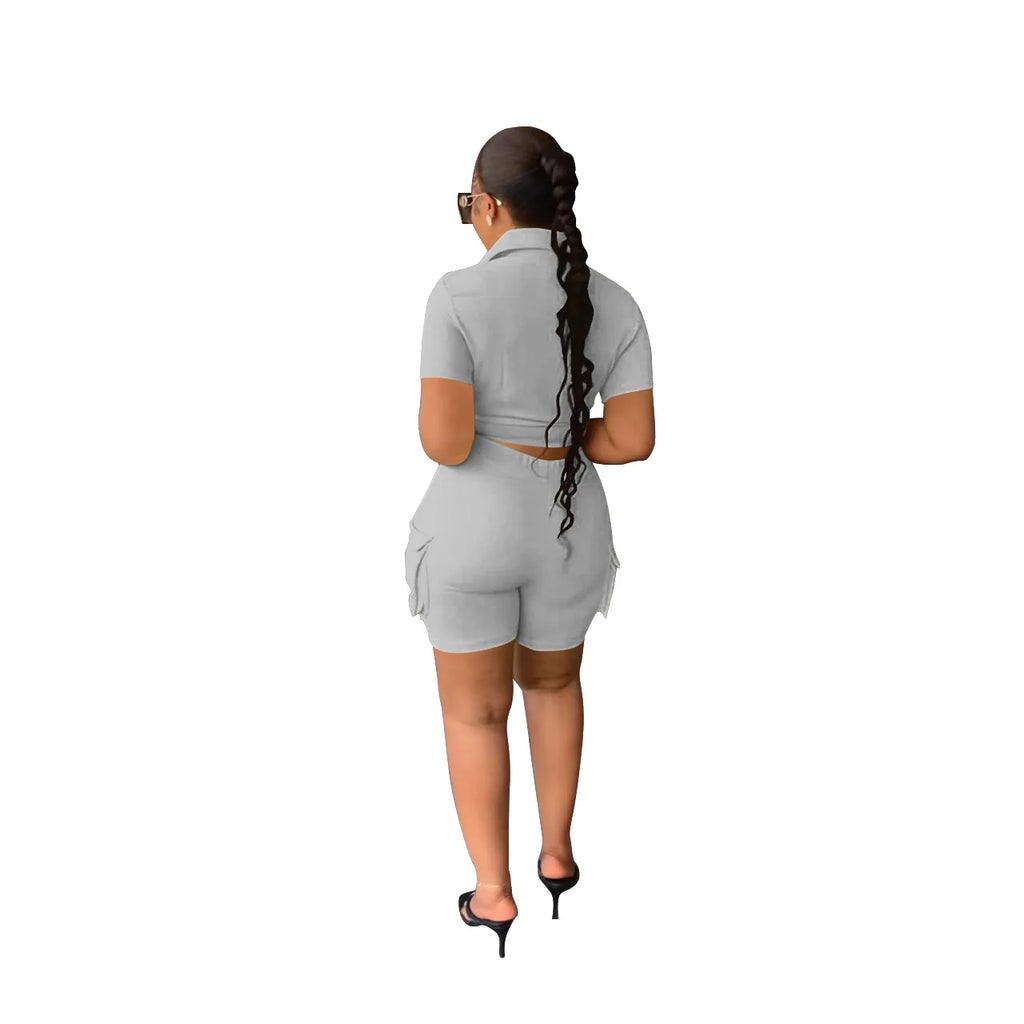 Women Shorts Two Piece Set Turn Down Collar Shirt Button Lace Up High Waist Short Sets Pockets Elegant Lady Streetwear Suit