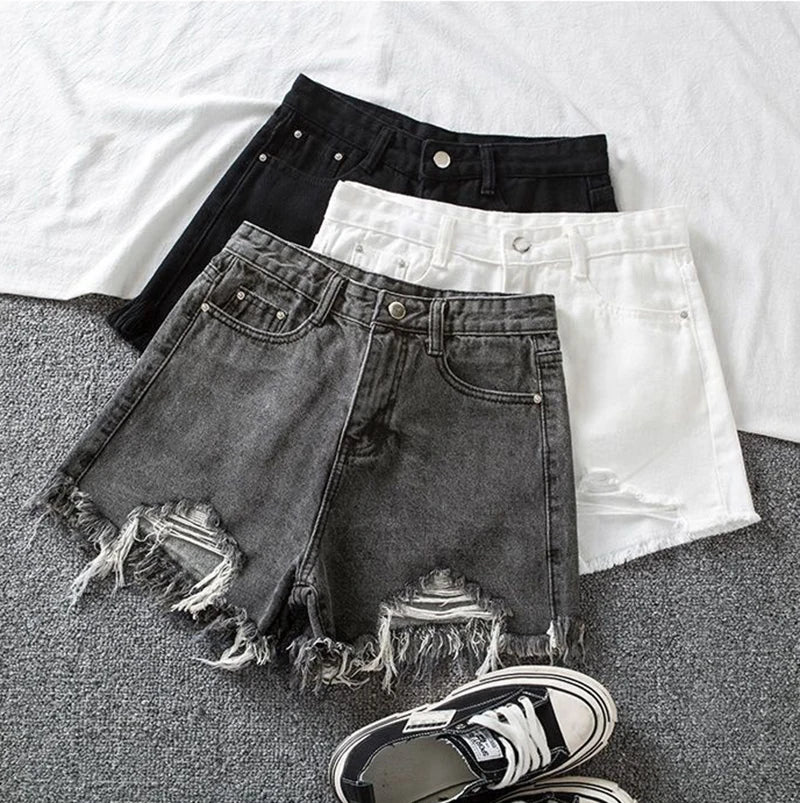 Hole Denim Shorts Women Korean Fashion High Waist Short Jeans Female Summer Slim Streetwear Irregular Wide Leg Shorts Ladies New
