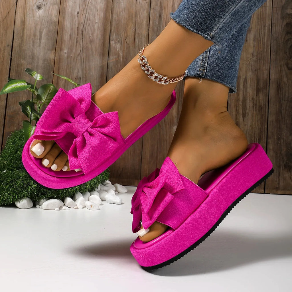 New Women Slippers Summer Platform Slippers Bow Holiday Beach Shoes Women Soft Non-Slip Soles Lightweight Sandals Slides Women