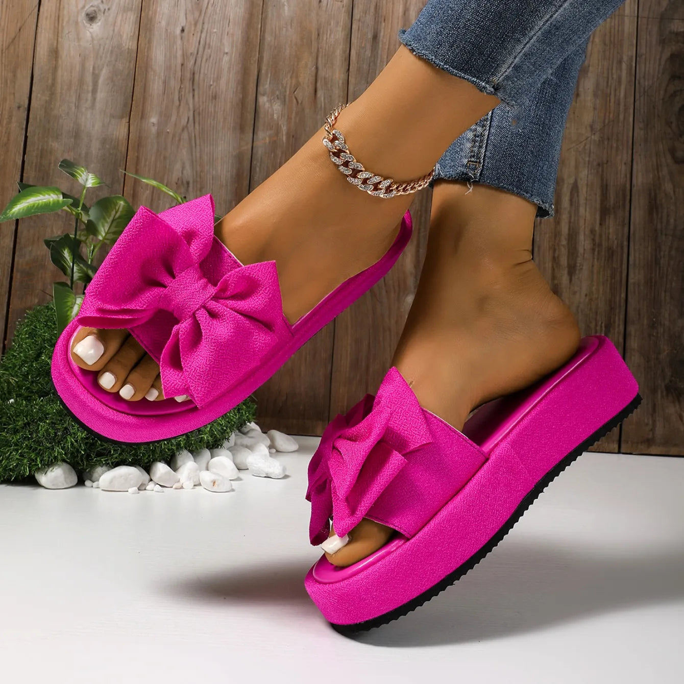 New Women Slippers Summer Platform Slippers Bow Holiday Beach Shoes Women Soft Non-Slip Soles Lightweight Sandals Slides Women