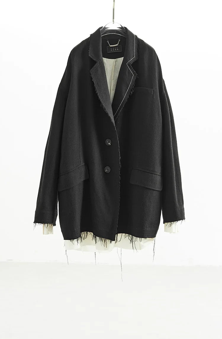 Custom Fabric Designer Style~Mysterious Black Blazer, Faux Two-Piece Fringed Oversized Jacket, Women's Casual Loose Top, New Spring 2026 Collection