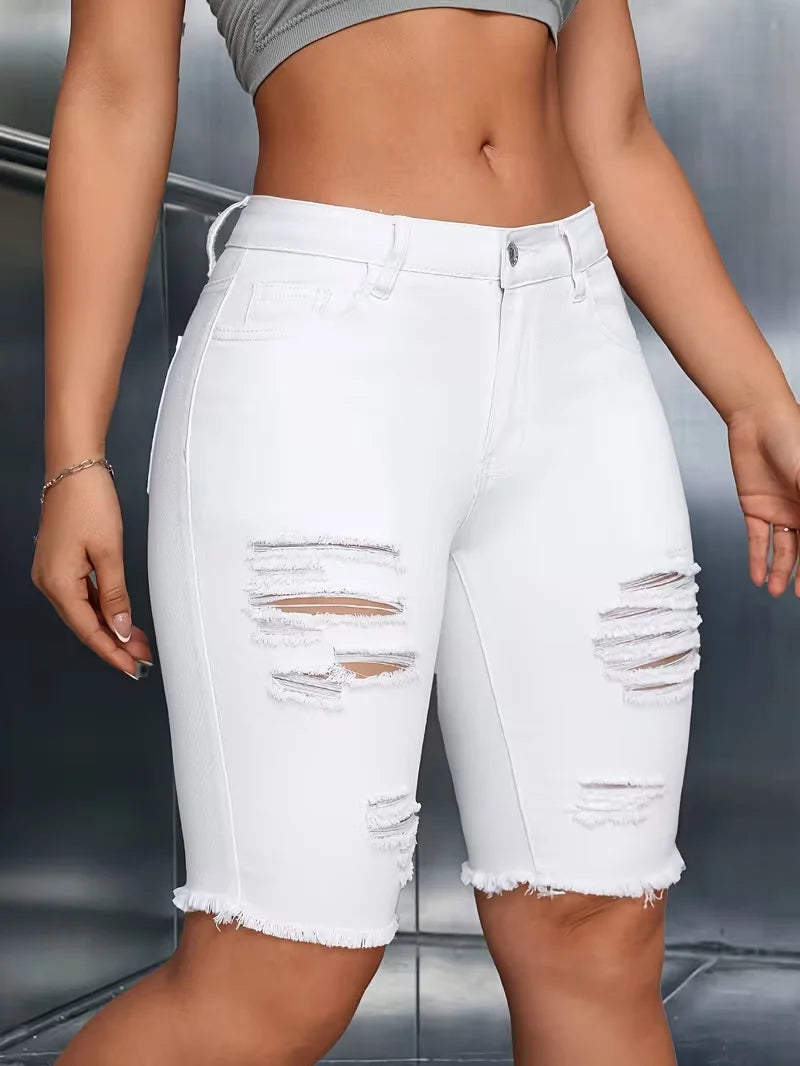 Ripped Skinny White Denim Shorts Women Sexy Slim Elastic Hip Hop Hole Short Jeans Female Fashion Y2K Street Knee-length Pants