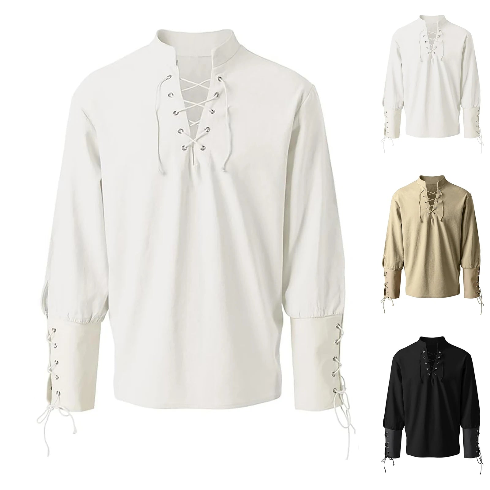 Men's Medieval Shirt Vintage Victorian Lace Up Long Sleeve Shirts Cotton Linen Cosplay Steampunk Black White Renaissance Blouse