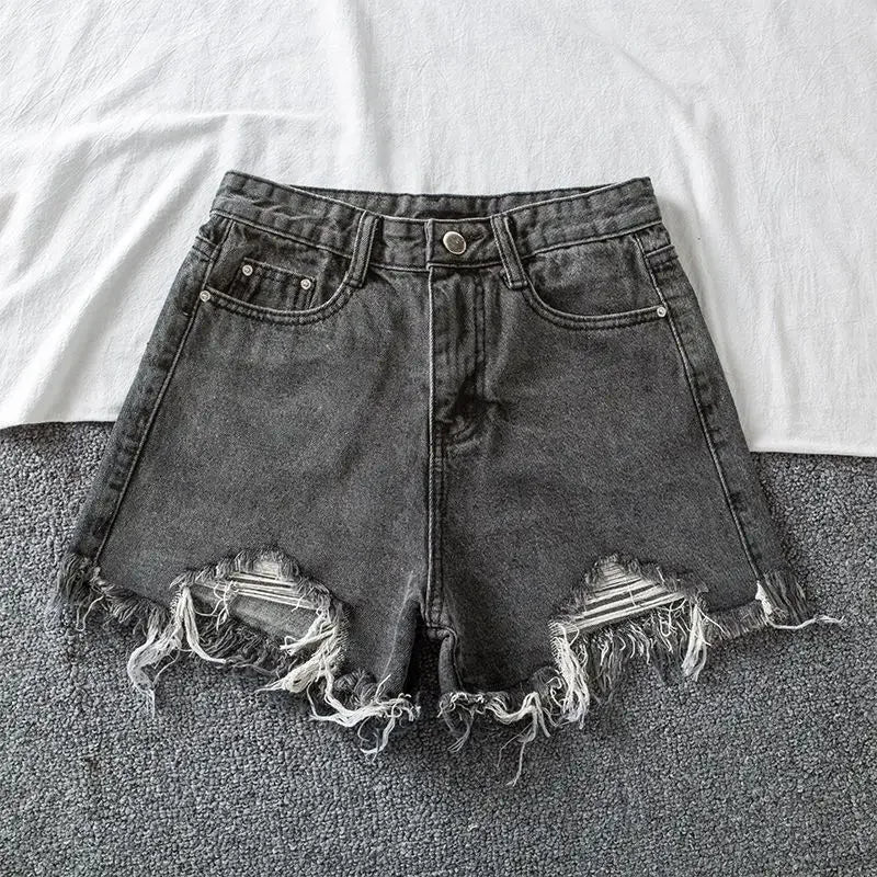Denim Shorts Women High Waist Slender Korean Fashion Summer Frayed Buttons Zipper Tassel Loose Solid All-match Streetwear Chic