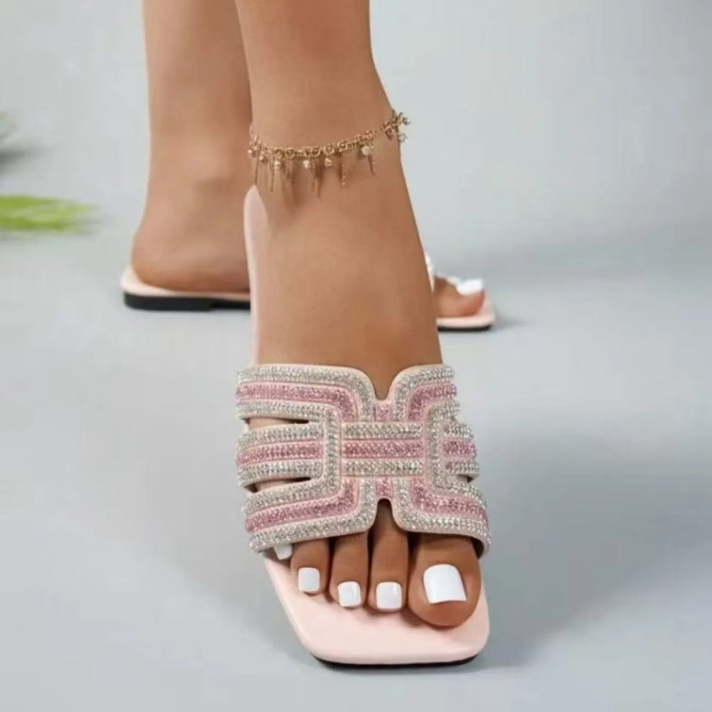 2025 Summer Women Rhinestone Slippers Outdoor Slippers Fashion Non-Slip Beach Shoes Comfortable Square Heel Sandals Slides Women