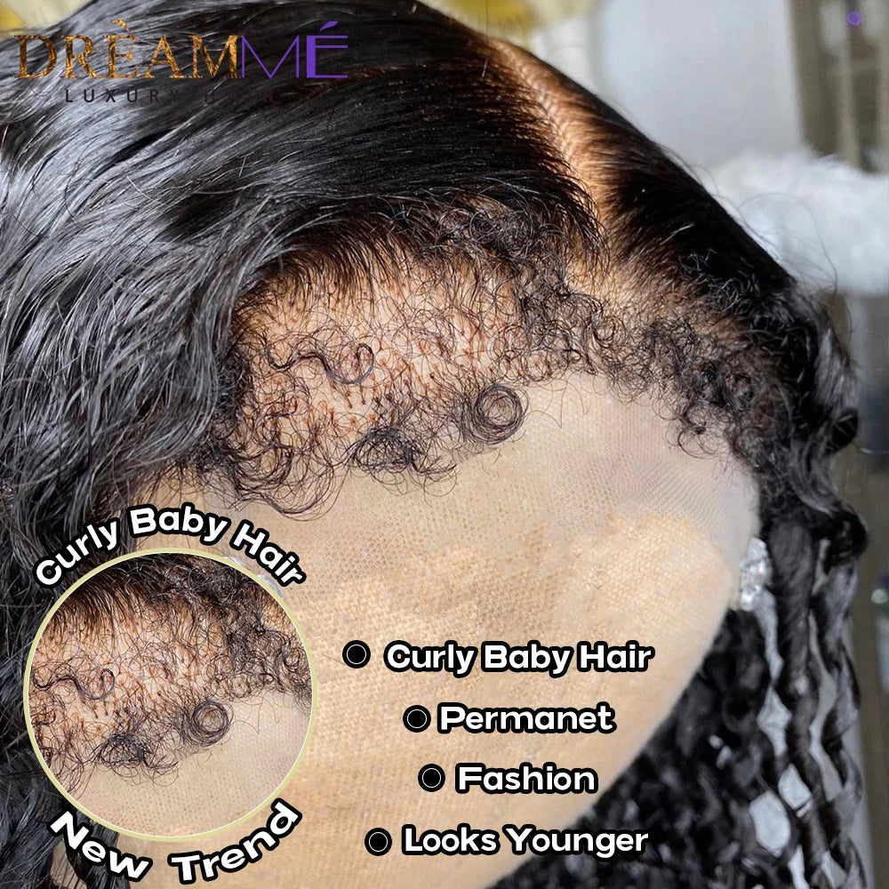 Deep Water Wave Curly Baby Hair Lace Wig Kinky Edges Lace Front Wig Human Hair PrePlucked 13x6 HD Transparent Lace Frontal Wig