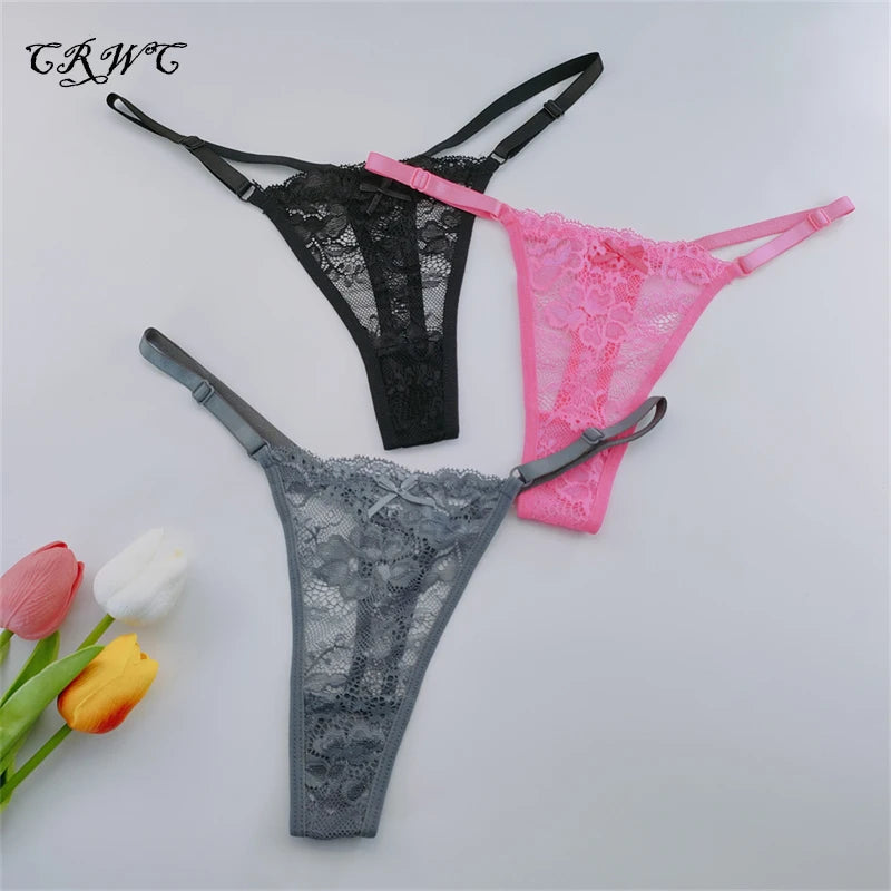 Solid Floral Lace Sexy Panties Ladies Low Waist Bow T-back Thong Adjustable Thin Belt Underwear Hollow See-through Lingerie 3PCS
