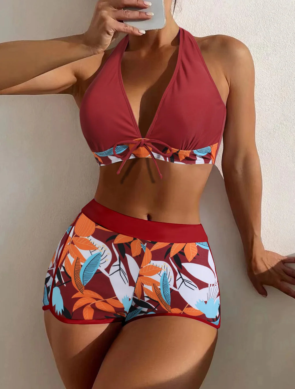 2026BHalter Bikini Set Short Swimsuit Women High Waist Swimwear Female Printed Bathers Swimming Bathing Swim Suit BeachwearNew