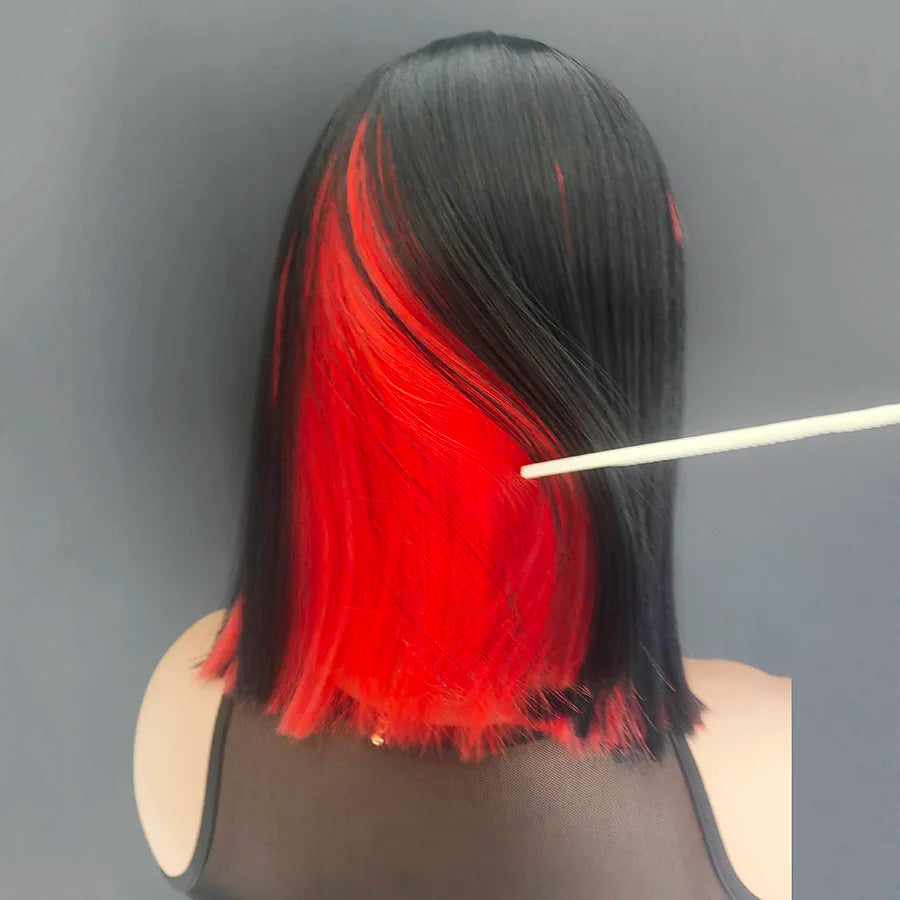 Ombre Red Short Bob Pink Non-Lace Front Synthetic Hair Wig Straight Pre Plucked Part Use For Black Women