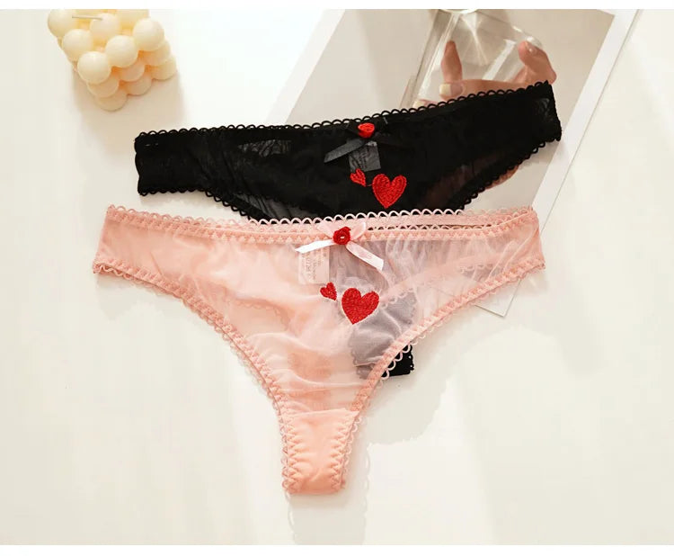 Meet'r Women Sexy Lace Lingerie Temptation Low-waist Panties Heart Ins Embroidery Transparent Thong Seamless Sweet Underwear