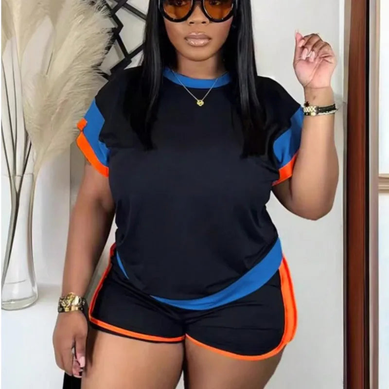 New Patchwork Casual Sporty 2 Piece Sets Women 2025 Summer Trend O-Neck Short Sleeve Tops And Shorts Matching Fitness Tracksuits