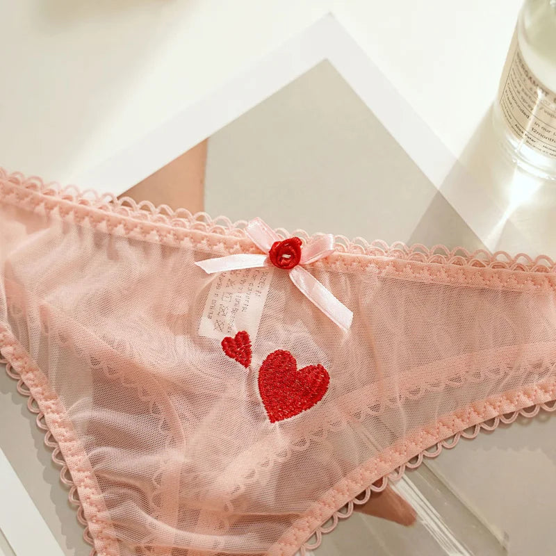 Meet'r Women Sexy Lace Lingerie Temptation Low-waist Panties Heart Ins Embroidery Transparent Thong Seamless Sweet Underwear