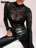 Shestyle Tiger Print Mesh Transparent Bodysuit Women Black Sexy Mock Neck Button Long Sleeve Spring Elastic Punk Body Slim