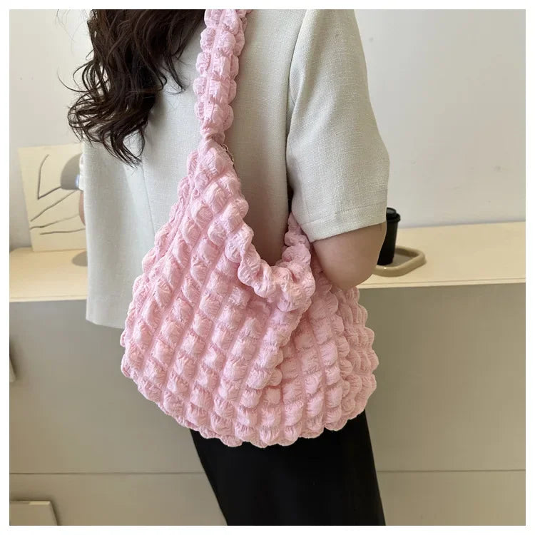Fashion Pleated Design Shoulder Bag Cute Pleated Bubbles Solid Color Tote Bag Large Capacity Embroidered Satchel Bags Women
