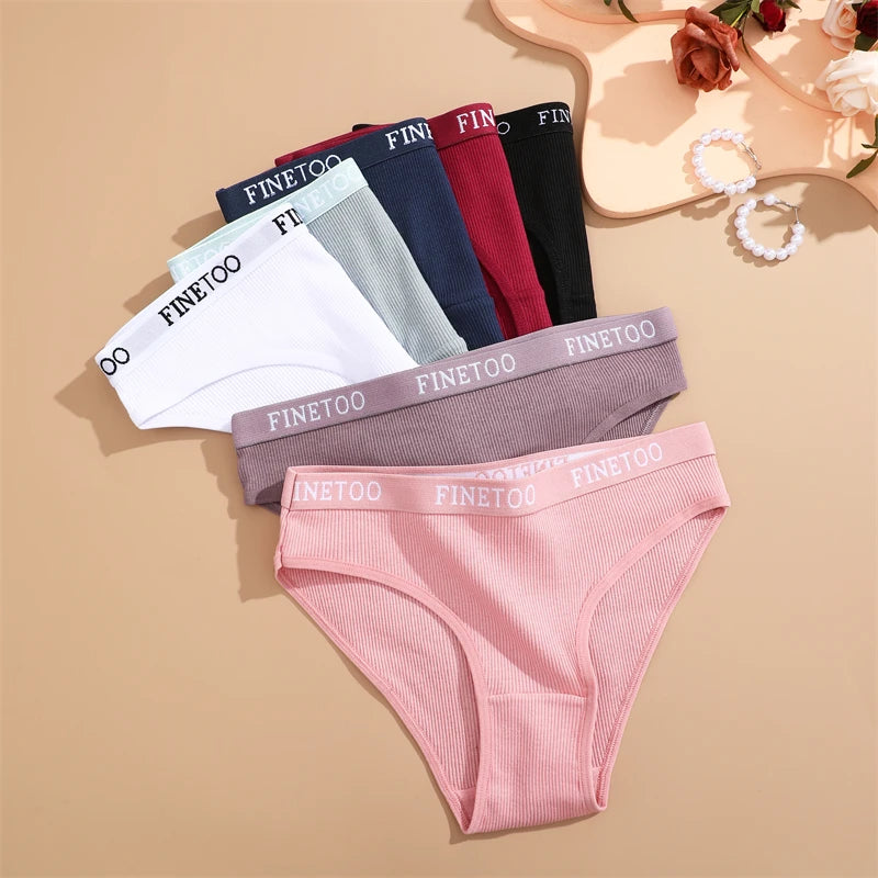 FINETOO 6Pcs Women Cotton Panties M-2XL Striped Underwear Letter Belt Briefs Female Low Waist Lingerie Stretchy Solid Lingerie