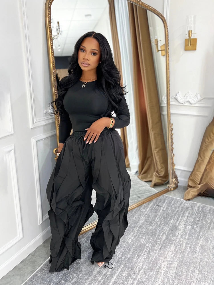 Fall 2025 Outfits Women Two Piece Set Solid Casual Long Sleeve Tops and Ruffle Drawstring Jogger Pants Streetwear Matching Sets